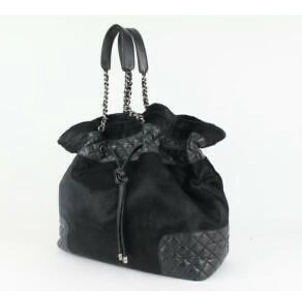 Chanel Black Quilted Lambskin X Pony Hair Drawstring Bucket Chain Hobo Small